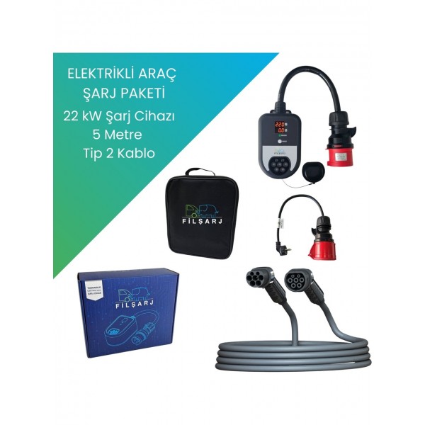 Fil Şarj Elektrikli Araç Şarj Paketi (22KW Şarj Cihazı +5 Metre tip-2 Şarj Kablosu )